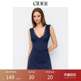 CIDER秋季新品棉混纺V领蕾丝边A字迷你连衣裙115405758