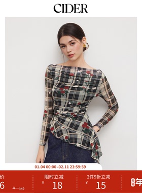 CIDER玫瑰格纹修身衬衫斜肩荷叶边针织上衣女114149345