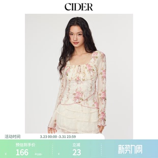 114915152 女装 CIDER碎花荷叶边抽绳长袖 网纱方领上衣美式