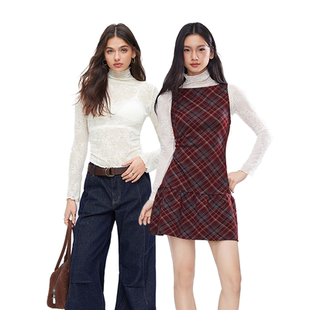 【所有女生直播间】CIDER明星同款酒红色格纹连衣裙/白色蕾丝上衣