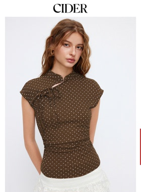 CIDER波点翻领针织短袖修身百搭肌理褶皱无袖上衣114755566