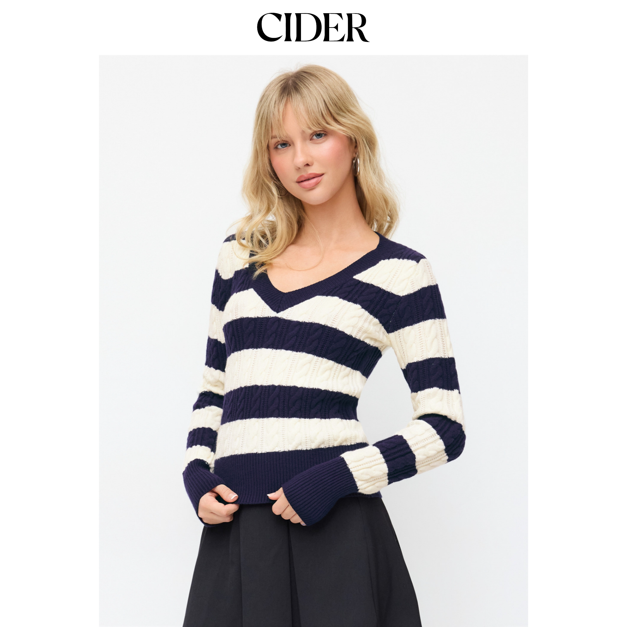 CIDERmiu系麻花针织条纹V领长袖上衣115076423