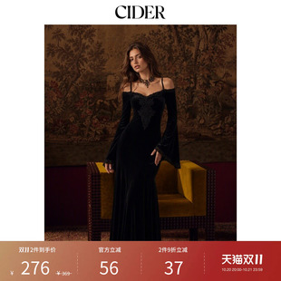 CIDER2026秋季新品丝绒露肩喇叭袖蕾丝拼接鱼尾长连衣裙115815960