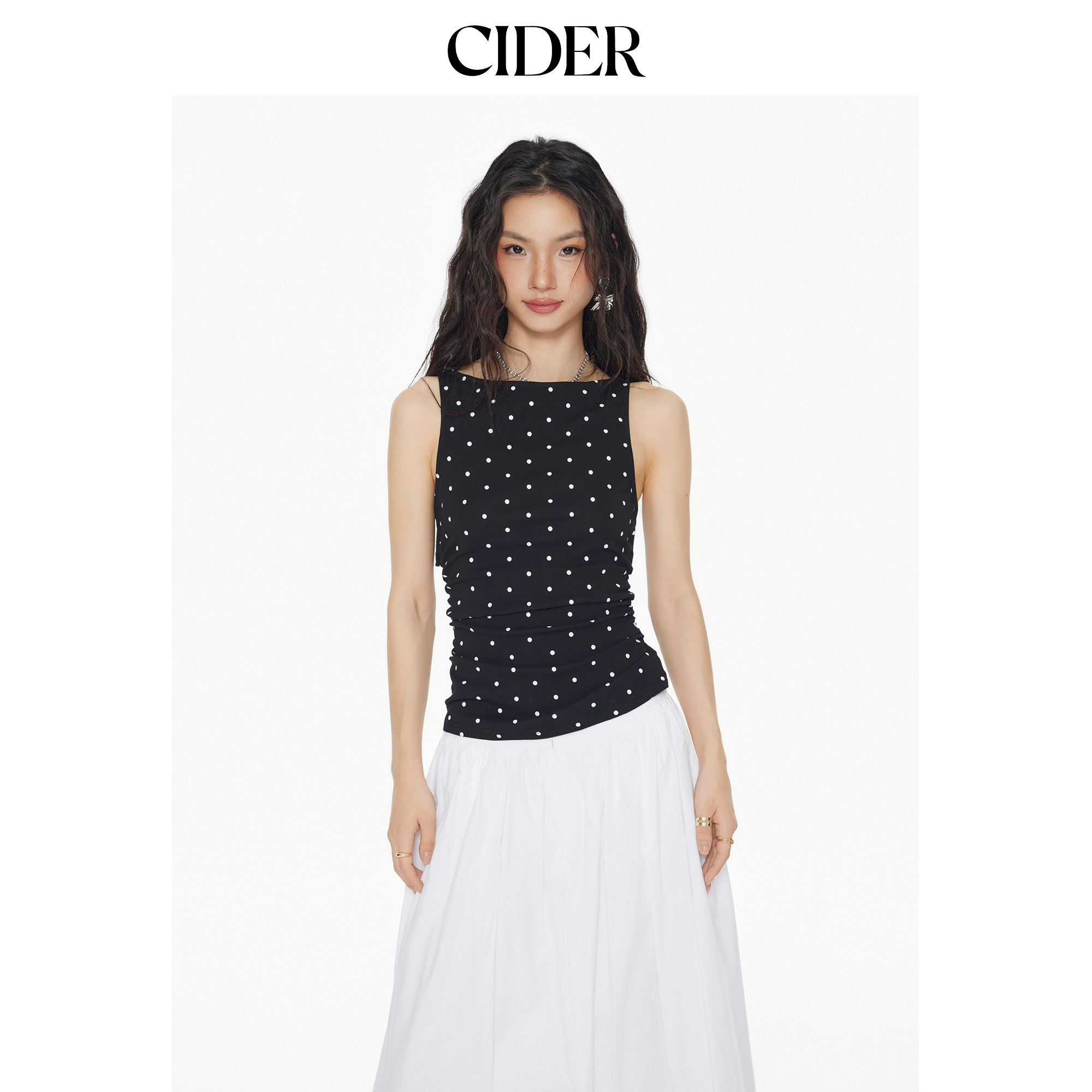 【明星同款】CIDER棉质荡领系带波点设计感褶皱背心上衣114533113