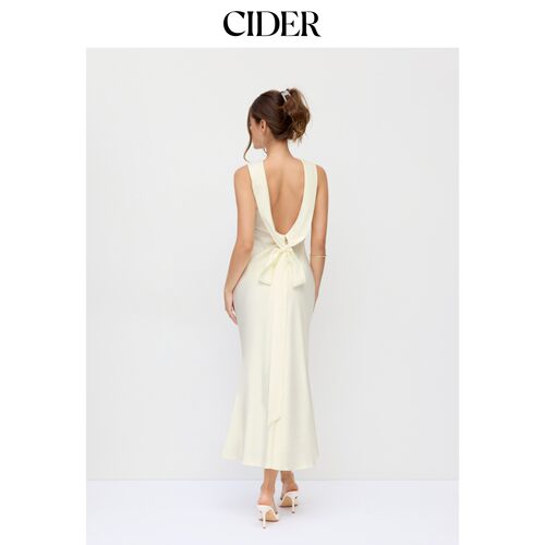 CIDER秋季新品缎面船领露背蝴蝶结鱼尾长连衣裙115528024