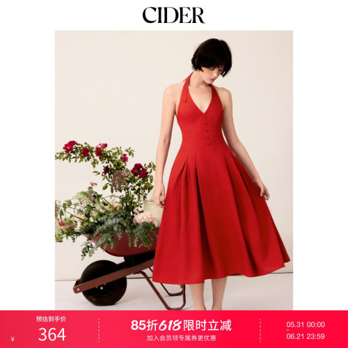 CIDER2026春季新品亚麻混纺高腰V领挂脖长连衣裙115339772