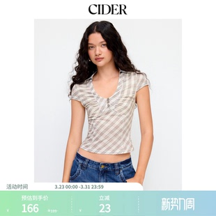 U领格纹针织短袖 CIDER轻熟上衣新款 上衣114730377 明星同款