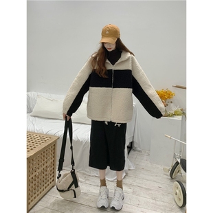 奥特莱斯品牌专柜冬季 潮ins学生羊羔毛撞色加绒加厚外套女装 新款