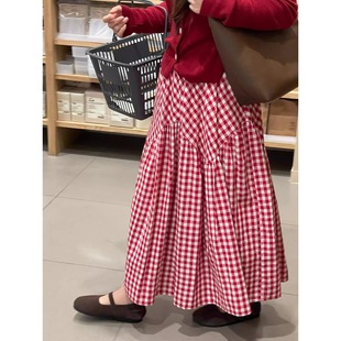 显瘦a字裙夏季 奥特莱斯品牌专柜红色格子半身裙女2025新款 宽松设