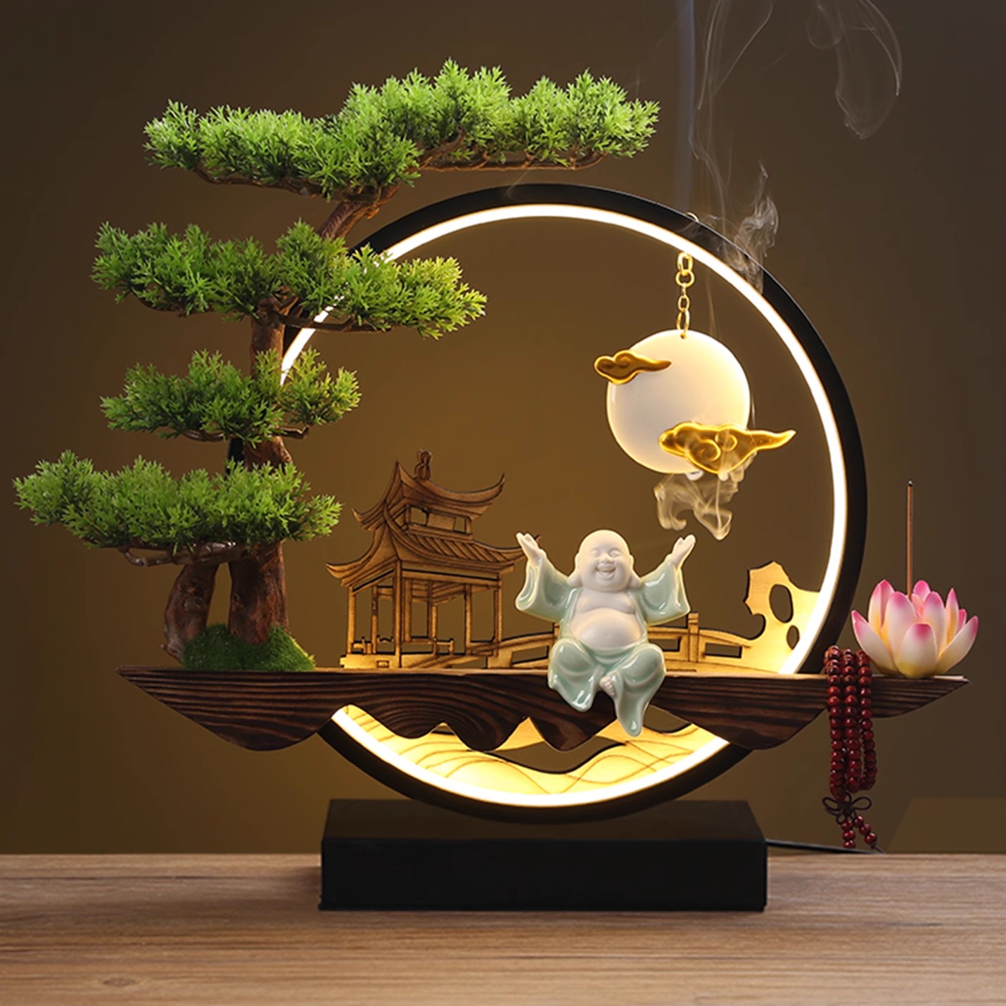 新中式禅意摆件灯圈小夜灯香炉桌面装饰品客厅办公玄关室开业礼品