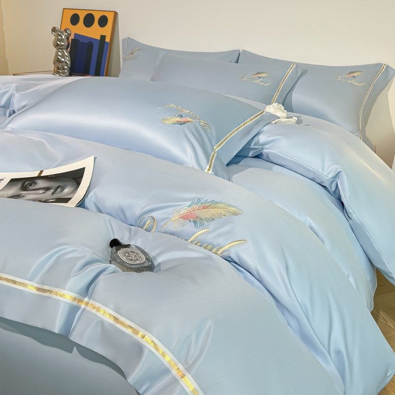 羽毛刺绣冰丝四件套夏季丝滑床单被套冰丝床上用品三件套简约纯色,床上用品,床品套件/四件套/多件套,淘宝优惠券,粉丝福利购,淘宝优惠卷