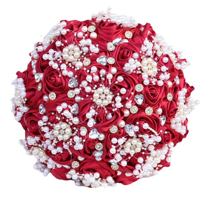 现货珍珠新娘婚礼手捧花缎带玫瑰卷仿真花束现货W2023B-22