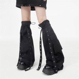 辣妹喇叭阔腿工装 过膝女 口袋腿套抽绳可调节y2k飘带机能袜套长款