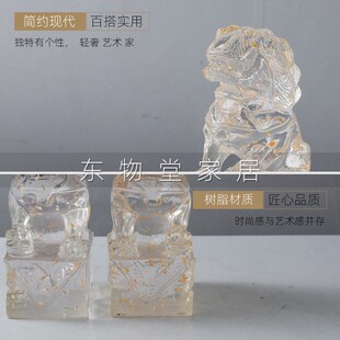 新中式现代轻奢透明金箔狮子摆件样板房售楼处软装工艺品家居装饰