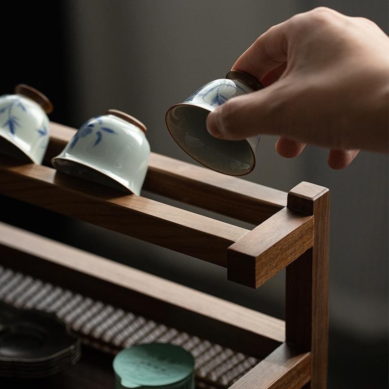 黑胡桃茶杯架子实木茶具茶壶紫砂壶收纳架中式多宝阁桌面小博古架