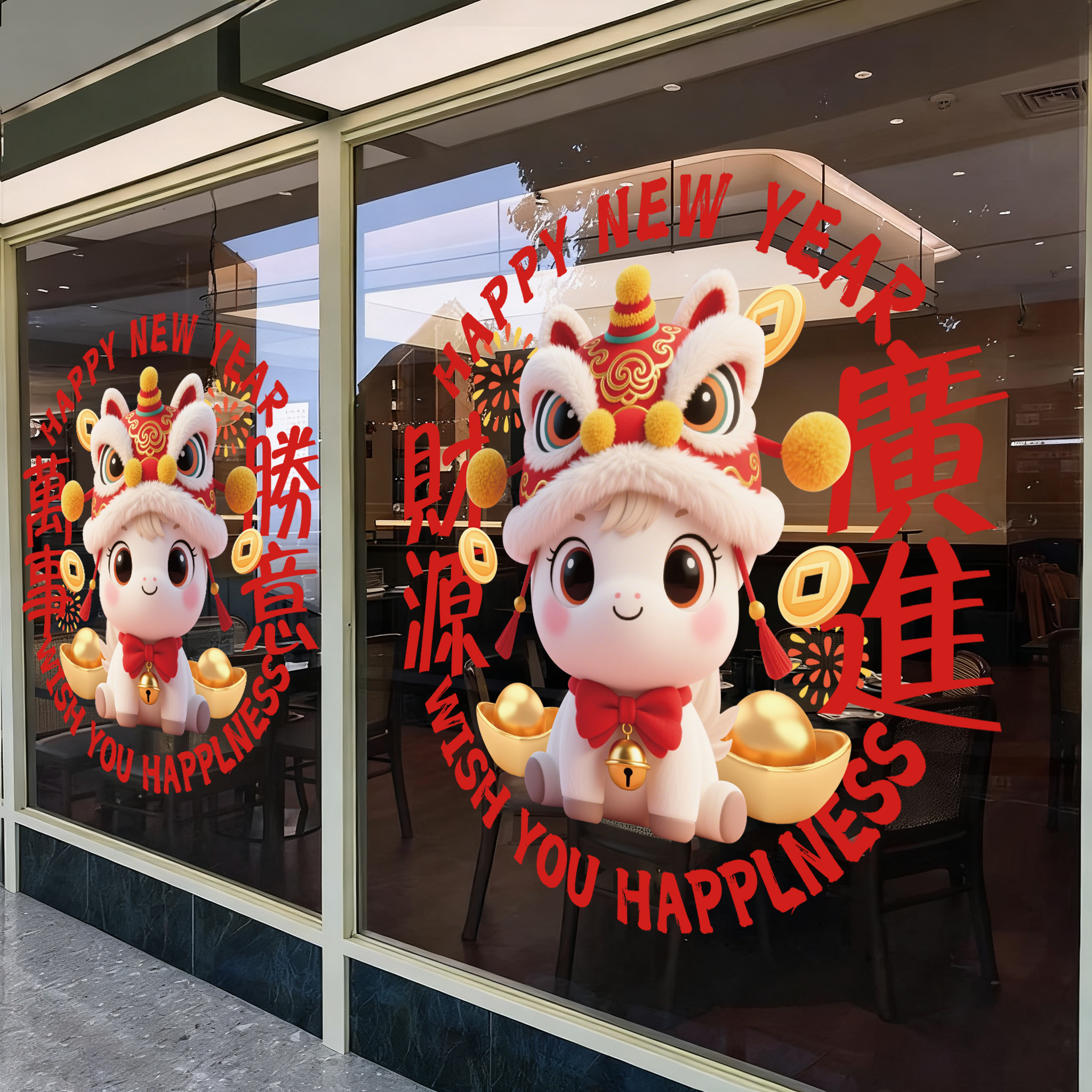 马年新春玻璃门贴画静电喷水贴