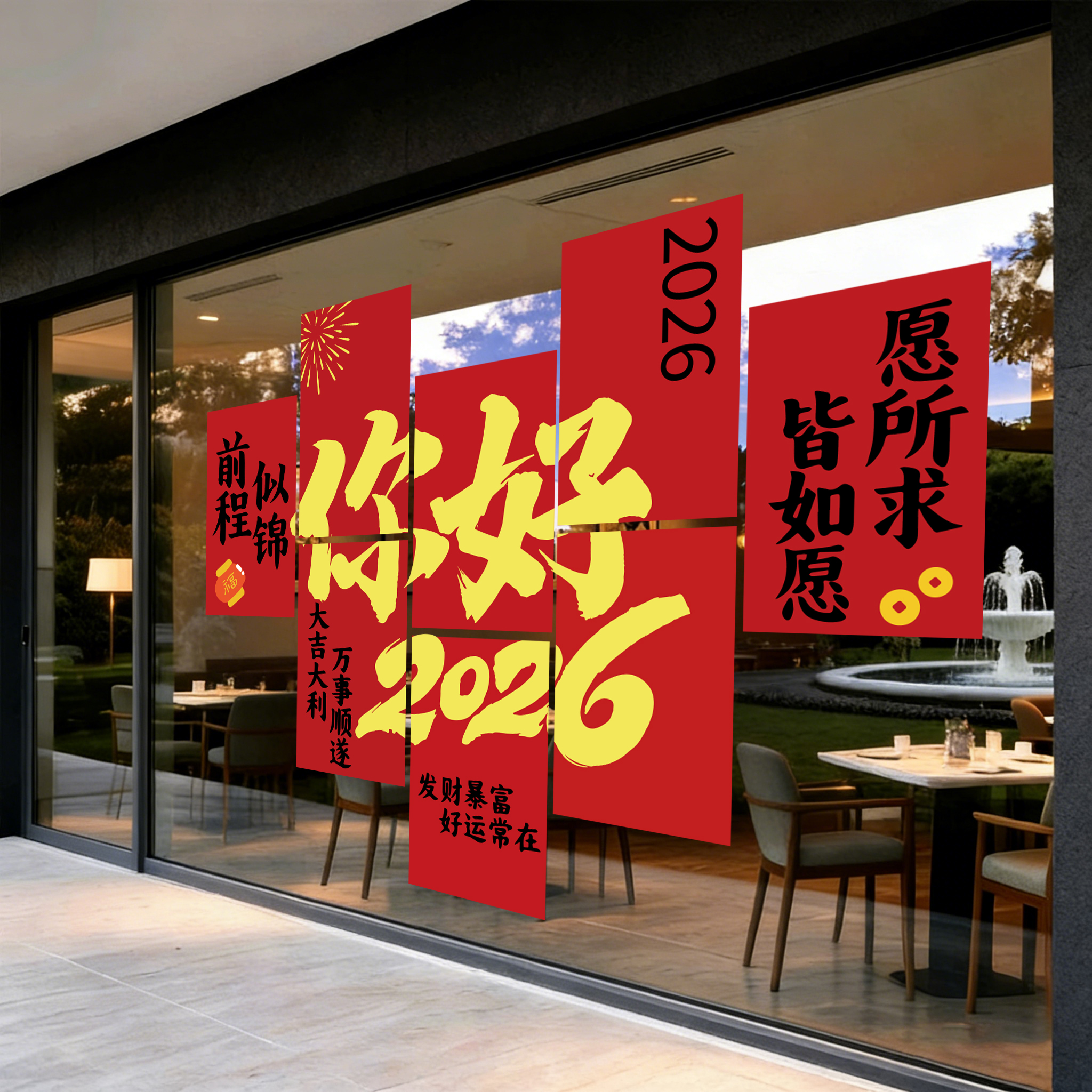 春节马年场景窗花贴画玻璃门贴纸