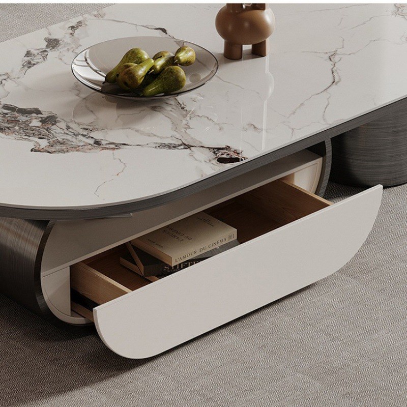 意式轻奢不锈钢岩板茶几电视柜家用现代简约椭圆形客厅茶几小户型