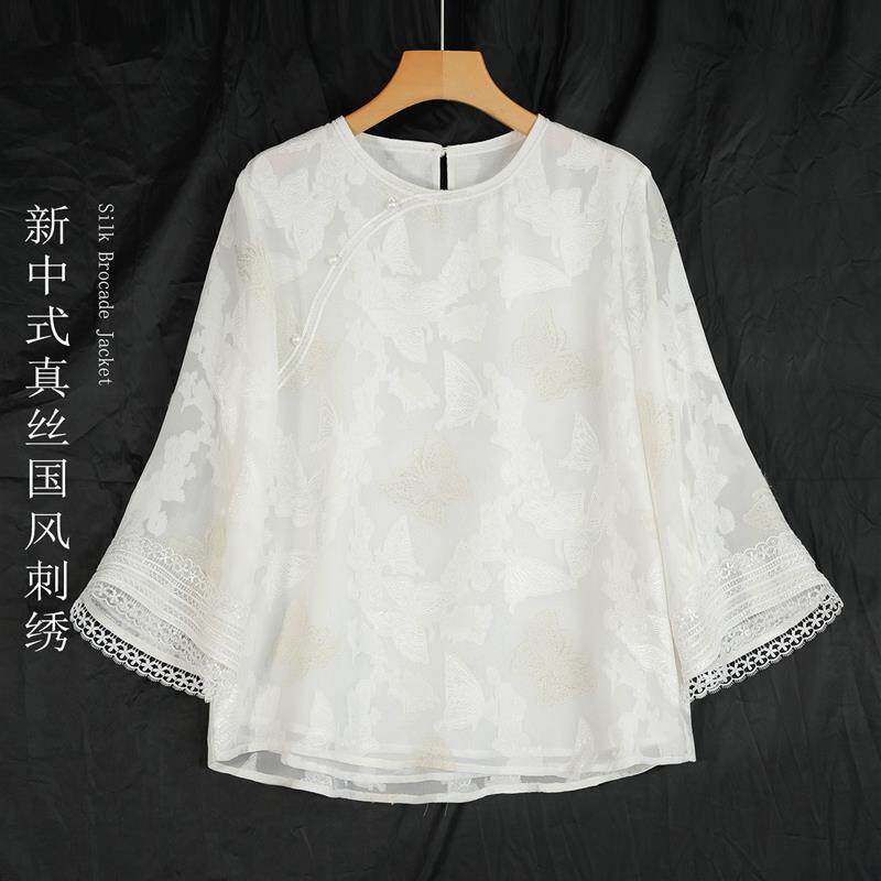 重工刺绣新中式真丝桑蚕丝拼蕾丝显白显气质衬衫女夏薄款穿搭上衣