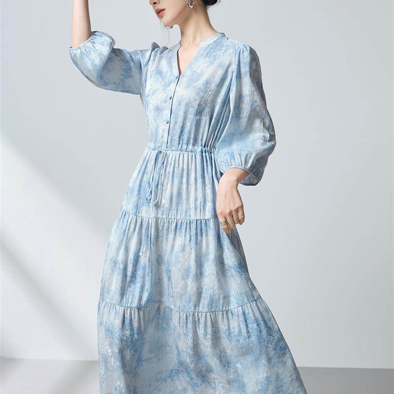 杭州重磅桑蚕丝真丝连衣裙女碎花气质年轻收腰清新植物染裙子