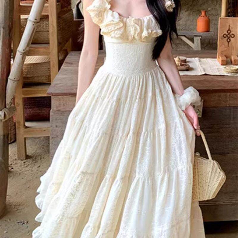 《圣托里尼》重工超大裙摆吊带掐腰连衣裙女度假裙