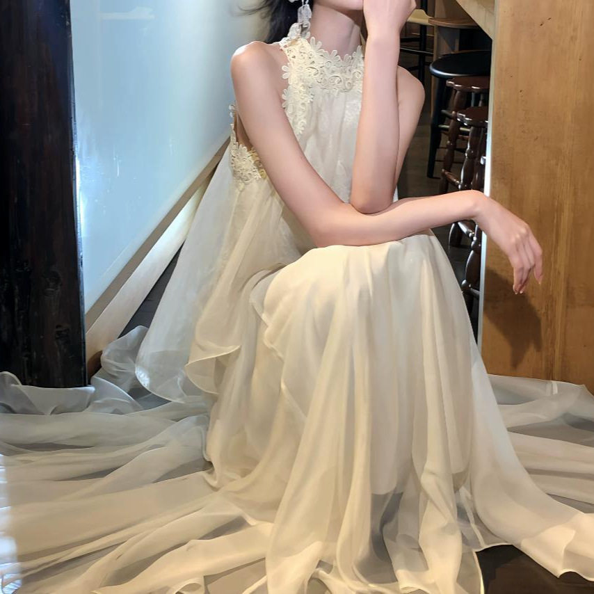 从一时刻【弥香】挂脖假两件连衣裙女温柔风仙女飘逸大摆网纱长裙