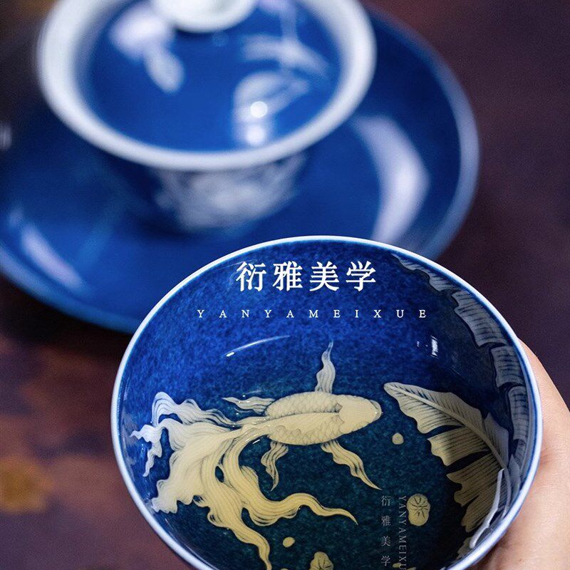 小雅家b禅度景德镇手洒蓝釉堆白香蕉叶鱼普洱杯大师杯盖碗