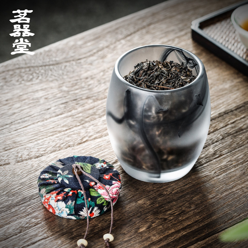 茗器堂水墨琉璃茶叶罐木制布盖储存密封罐普洱红绿茶玻璃茶具配件