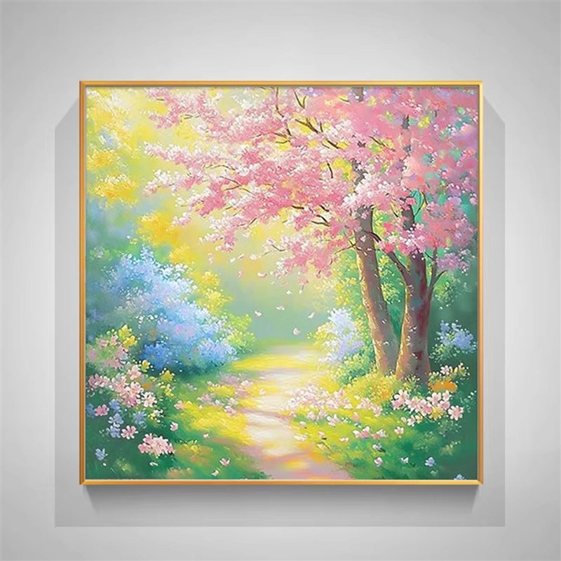 手绘中式花卉油画客厅玄关装饰画粉色樱花温馨卧室床头画双联壁画