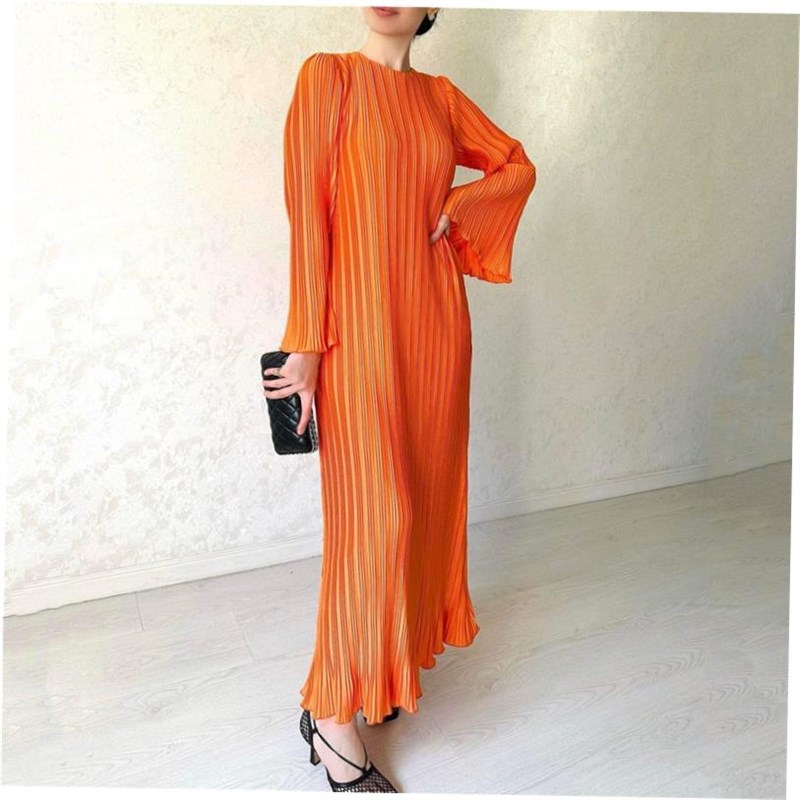 Flare Sleeve nLong Pleated Dress休闲纯色圆领喇叭袖压褶连衣裙