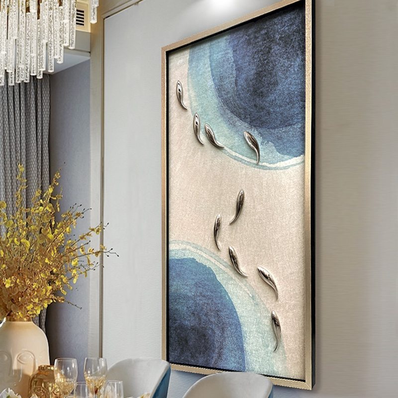 现代轻奢玄关装饰画简美客厅走廊过道挂画竖版餐厅立体九鱼图壁画图片