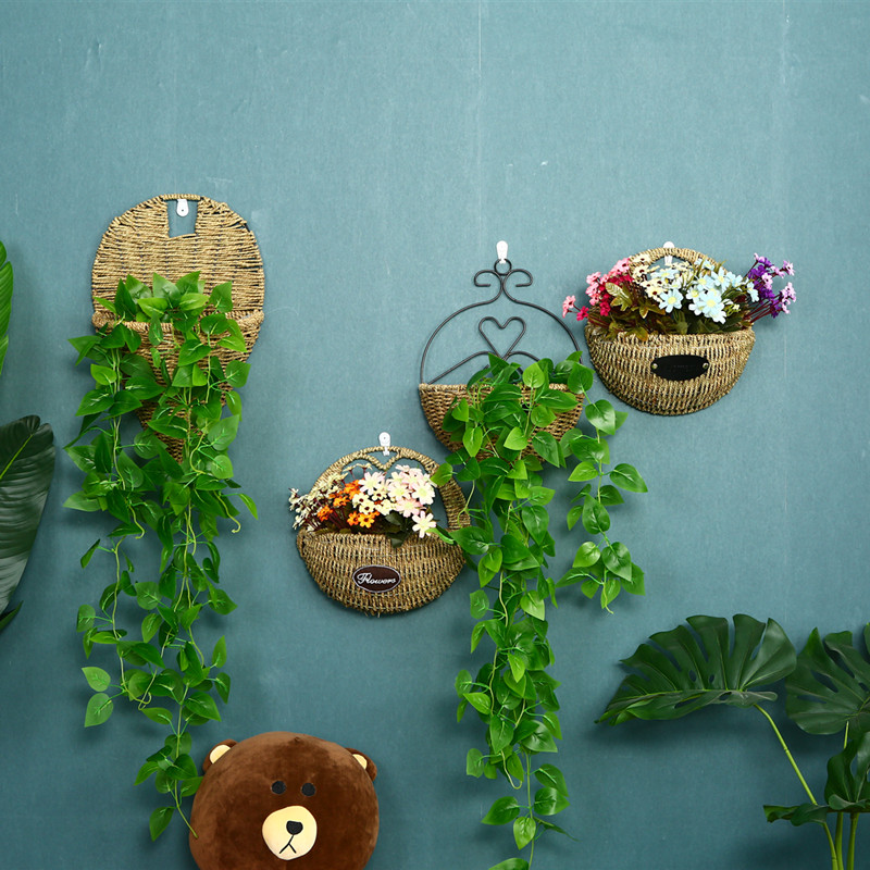 手工创意草编壁挂花篮柳编藤编绿萝花篮花盆编织插花家居装饰