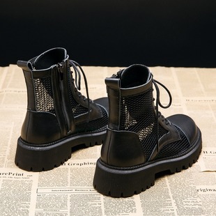 网面马丁靴女2023夏季新款透气薄E款镂空短靴英伦风厚底学生网纱