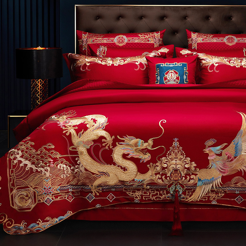 婚庆龙凤绣花全棉结婚四件套新A中式奢华陪嫁红色喜被床上用品,床上用品,婚庆床品套件,淘宝优惠券,粉丝福利购,淘宝优惠卷