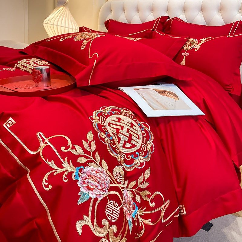 中式婚庆四件套大红色全棉刺绣喜庆床上用品婚房绣Y花喜被结婚,床上用品,婚庆床品套件,淘宝优惠券,粉丝福利购,淘宝优惠卷