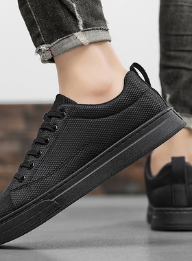 男鞋秋季透气202l4新款布鞋男款休闲帆布板鞋男士纯黑色鞋子男单