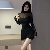 黑色性感网纱气质修身 包臀裙辣妹连衣裙长袖 纯欲短裙子打底紧身裙