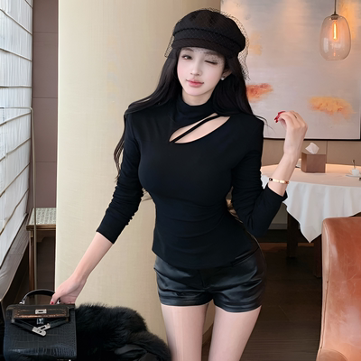 美式纯欲风半高领镂空皱褶T恤