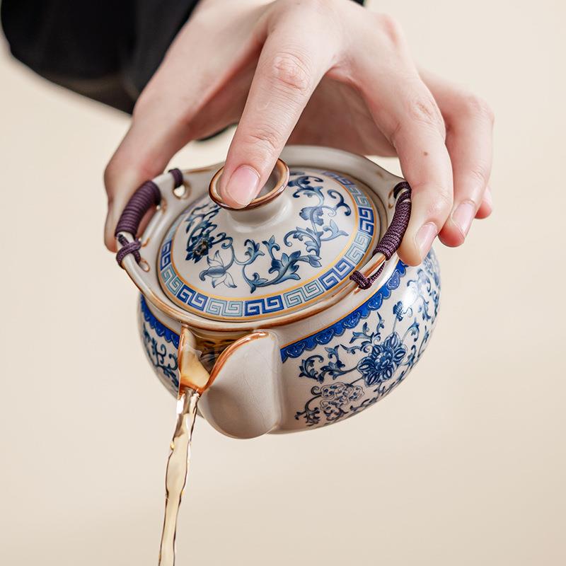 汝窑青花缠枝莲盖碗茶杯单个防烫手陶瓷手抓壶茶具一人泡茶壶