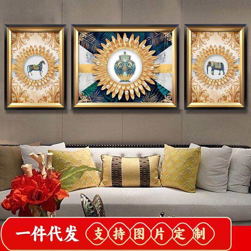 欧式5d钻石画十字绣满钻2019新款客厅三联美式花瓶马点钻石绣大象