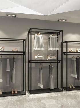 服装店展示架双层挂衣架男女黑色服装店货架铁艺陈列架衣架落地式