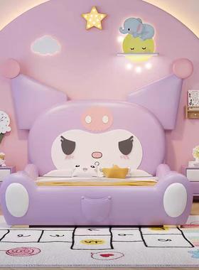 现代简约儿童床女孩公主床紫色库洛米卡通单人床带护栏滑梯软包床