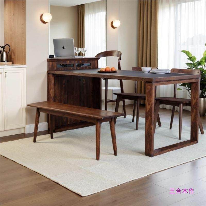 黑胡桃木实木岛台餐桌一体可伸缩移动樱桃木岩板储物柜水吧台北美