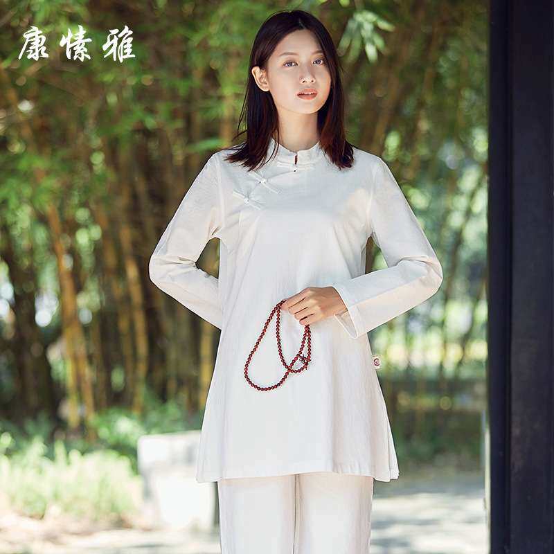康愫雅禅修居士服瑜伽服套装女复古中国风棉麻茶服练功太极打坐服