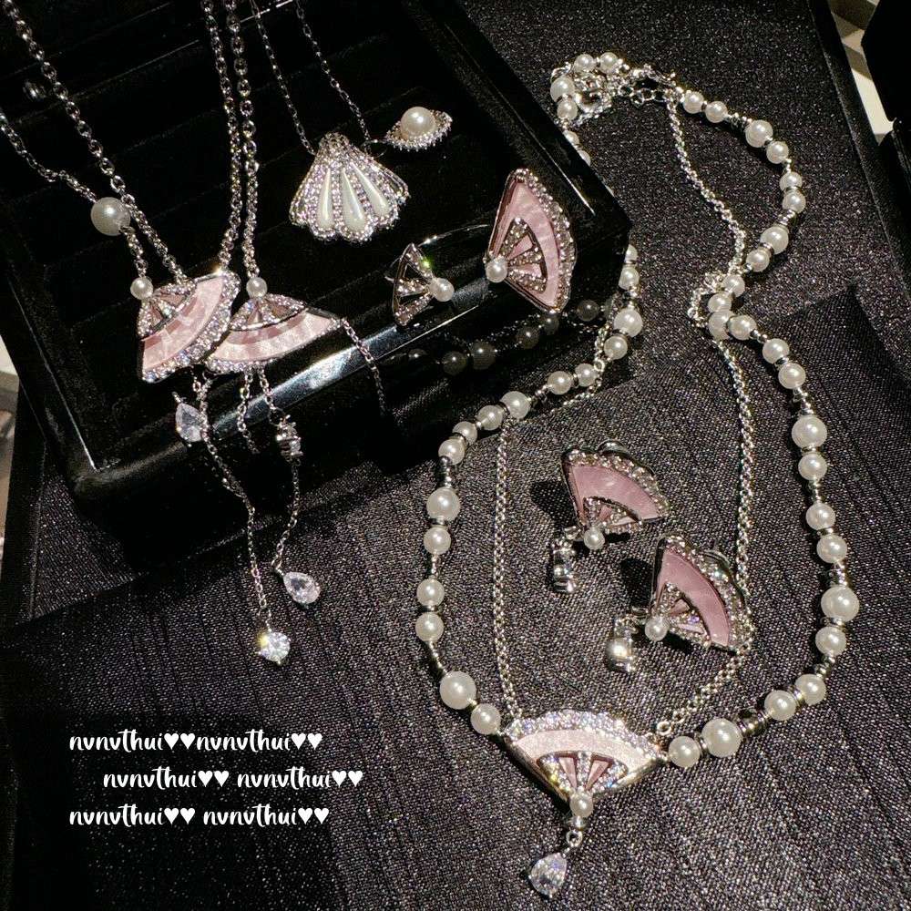 意大利复古扇贝珍珠贝母项链 轻奢珠宝 宫廷粉贝母扇子耳环 戒指