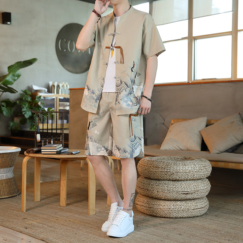 短袖t恤男中国风男装唐装两件套复古盘扣上衣夏季新中式禅意套装