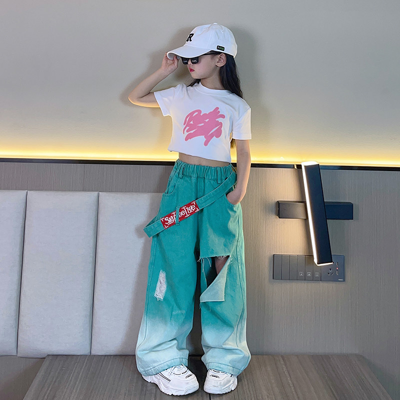女童夏款渐变牛仔裤2023新款洋气儿童网红炸街破洞阔腿裤夏季裤子