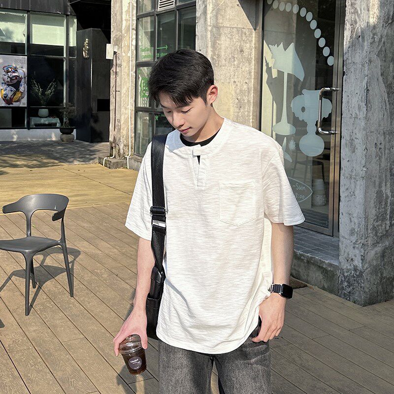 240g白色肌理纹V领短袖T恤竹节棉男2025新款夏季宽松休闲套头上衣