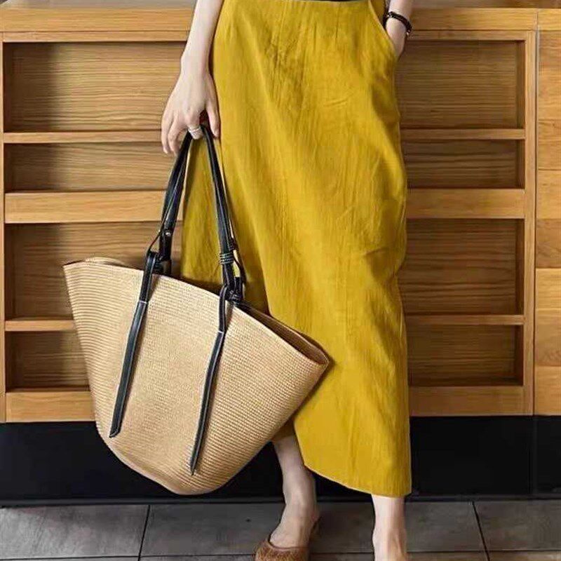 黄色棉麻开叉半身裙女夏季复古气质直筒长裙宽松透气中长款A字裙