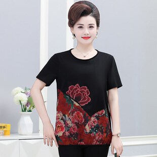 中老年女装短袖T恤绣花加肥加大妈妈上衣弹力纯棉打底衫套头200斤